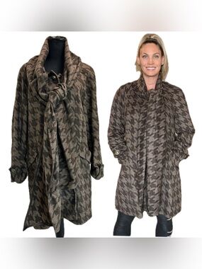 Mario Serrani brown black houndstooth winter coat attached scarf Sz 8